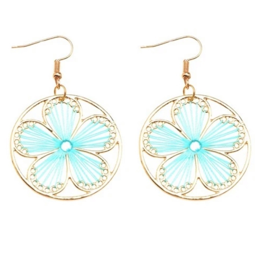Boho Tribal Woven Daisy Flower Hoop Earrings - Picture 2 of 3